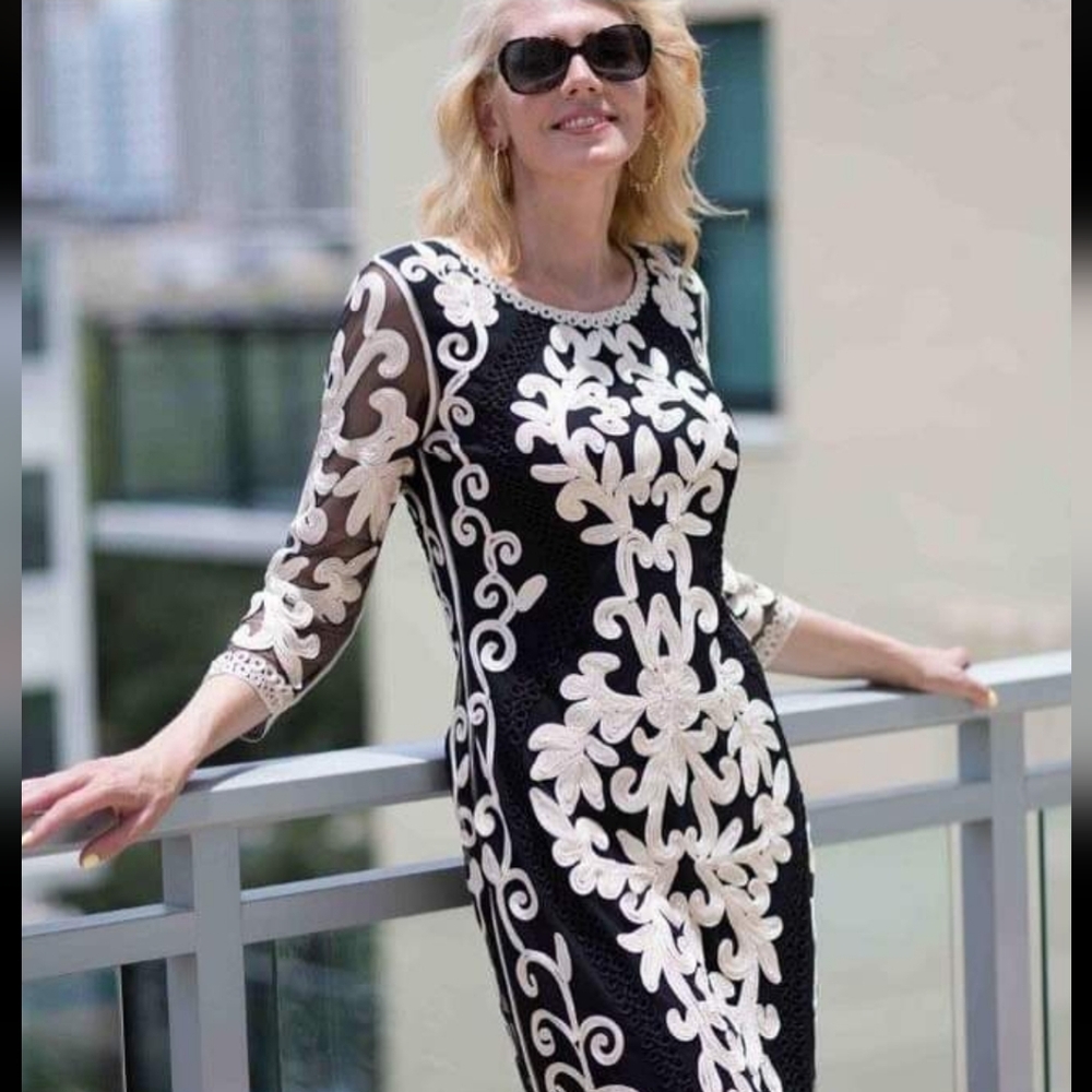 Weavz Nwot Black Mesh/ Creme Soutache Ribbon Embroidered Detail 3/4 Sleeve Dress